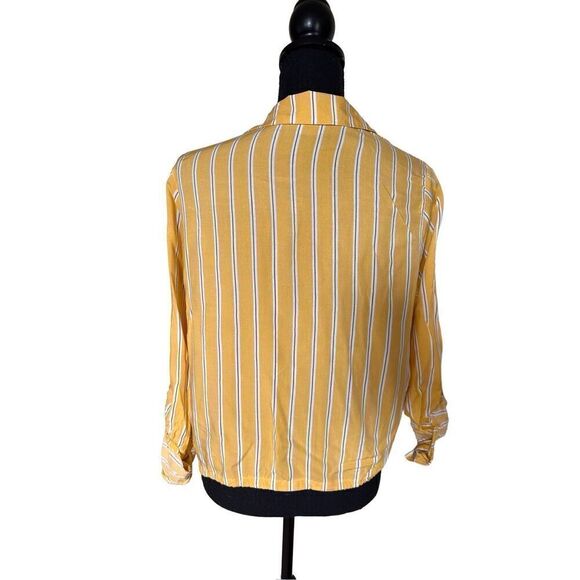 Passport Yellow, Tan & White Striped Button Down Crop Top with Front Tie at Wais - Picture 9 of 9